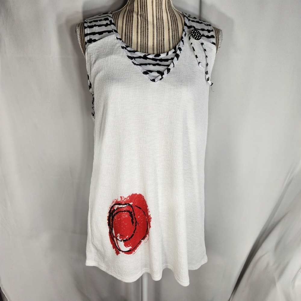 Zoe White Black Red Layered Look Sleeveless Red Hat Graphic Tunic Top Sz Medium